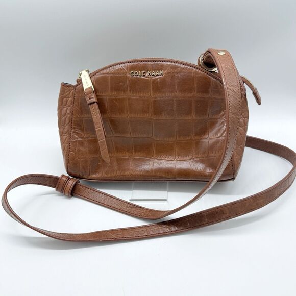 COLE HAAN Women's Crossbody Purse Brown Leather Handbag Small Zippered - Picture 1 of 13